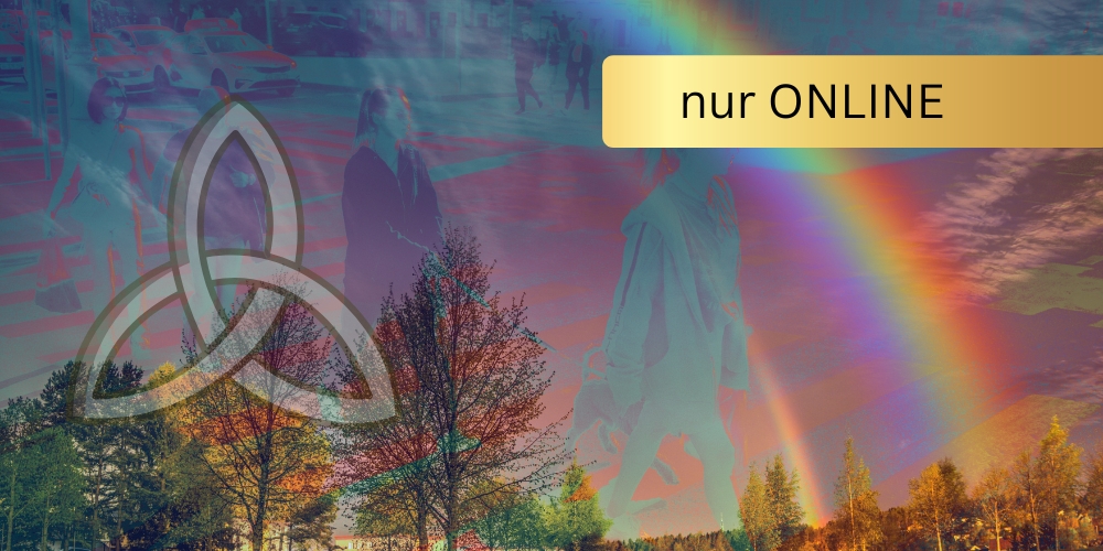 Sichtbare Doppelbelichtung aus einer Straße mit Menschen und Fahrzeugen und einer herbstlichen Landschaft mit Bäumen und einem Regenbogen am Himmel.